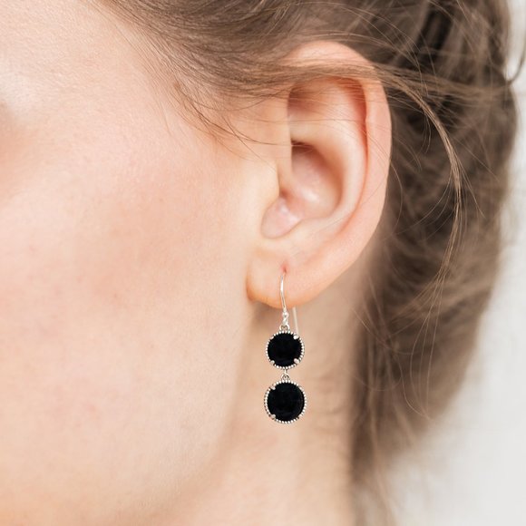 Recycled Antique Black Depression Glass Sterling Silver Double Take Earrings - Picture 3 of 5